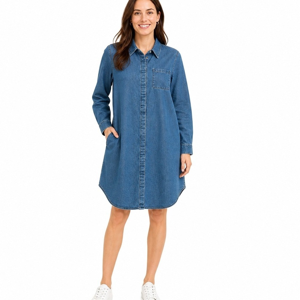 Made With Heart Denim Shirt Dress Womens Small Blue Recycled Fabric Long Sleeve